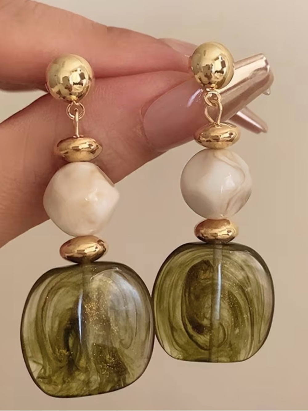 Gold-Tone Olive Green & Cream Drop Earrings